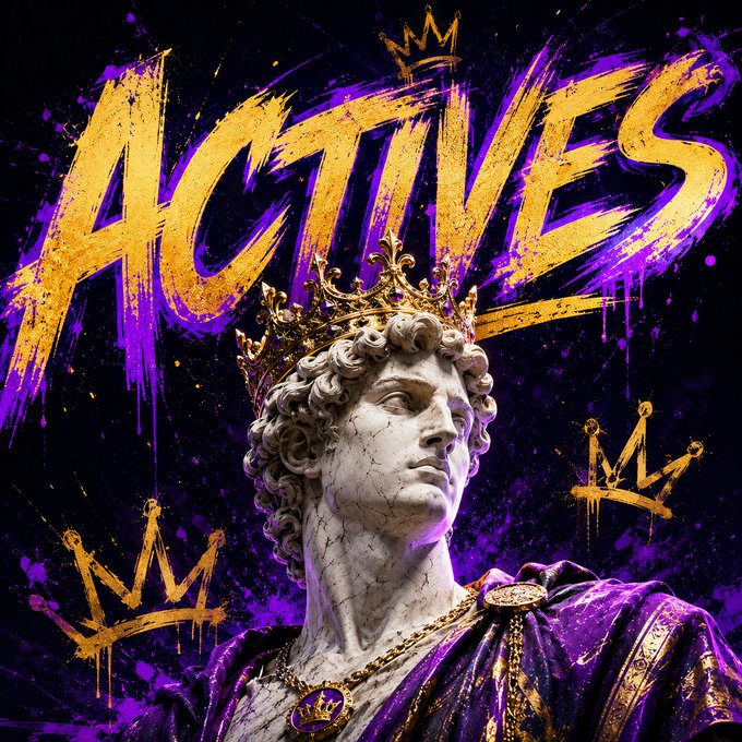 A regal marble bust crowned in gold is draped in a purple robe against a dark background splattered with purple paint, with the word "ACTIVES" in bold gold brushstroke lettering at the top and three dripping gold crown symbols scattered around. The image visually reinforces the "2 actives" requirement mentioned in the giveaway post, with the crowned statue and royal "Actives" text emphasizing exclusivity for active community members.