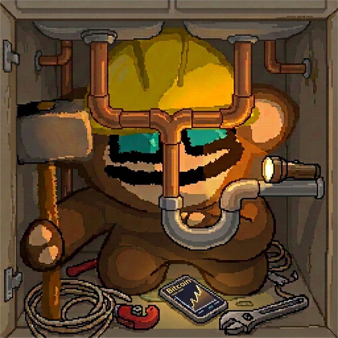 A pixel art illustration of a monkey wearing a yellow hard hat, surrounded by tools like a hammer and wrench, with a book labeled 'Bitcoin' on the floor.