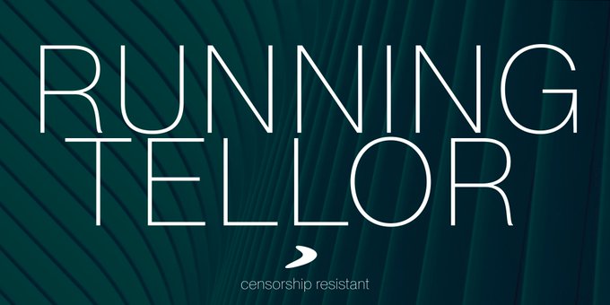 The image displays "RUNNING TELLOR" in large white text against a dark teal background with a textured geometric pattern, with the tagline "censorship resistant" beneath a small arrow logo. It serves as a header for content about running a permissionless Tellor node, reinforcing the post's message that true decentralization requires infrastructure anyone can operate without special approval.