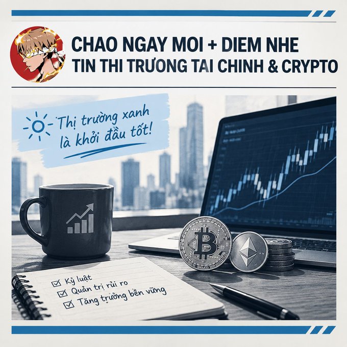 A Vietnamese financial graphic titled "CHAO NGAY MOI + DIEM NHE TIN THI TRUONG TAI CHINH & CRYPTO" showing a coffee mug, notebook checklist ("Kỷ luật", "Quản trị rủi ro", "Tăng trưởng bền vững"), laptop with chart, and crypto coins (Bitcoin, Ethereum).