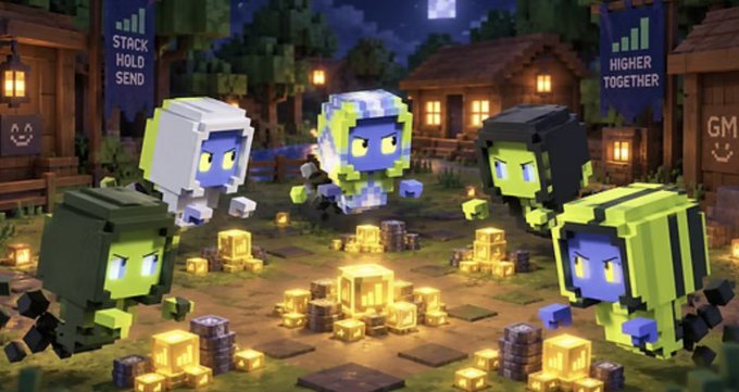 A Minecraft promotional image featuring five blocky, character-like figures with the text 'STACK HOLD SEND' and 'HIGHER TOGETHER' around piles of gold and treasure.