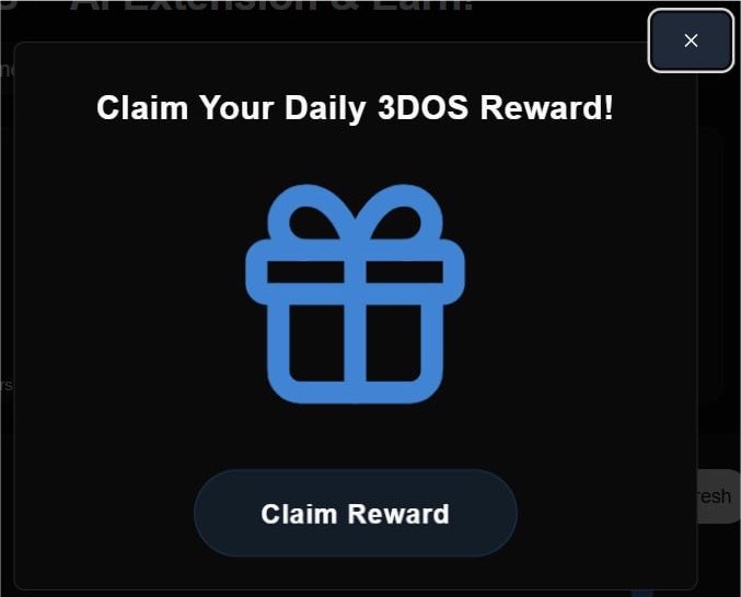A dark-themed pop-up window displays a "Claim Your Daily 3DOS Reward!" prompt with a blue gift box icon and a "Claim Reward" button, suggesting users can earn daily 3DOS tokens. This relates to the post about the 3DOS airdrop and TGE, serving as a way for users to accumulate tokens before the token generation event.