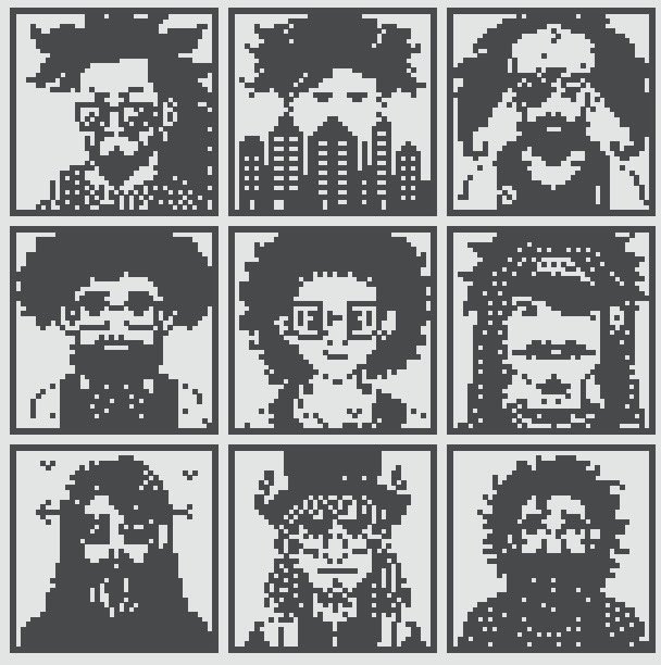 A 3x3 grid of black-and-white pixel art portraits showing various stylized characters, including figures with beards, glasses, a cityscape, and a uniformed person.