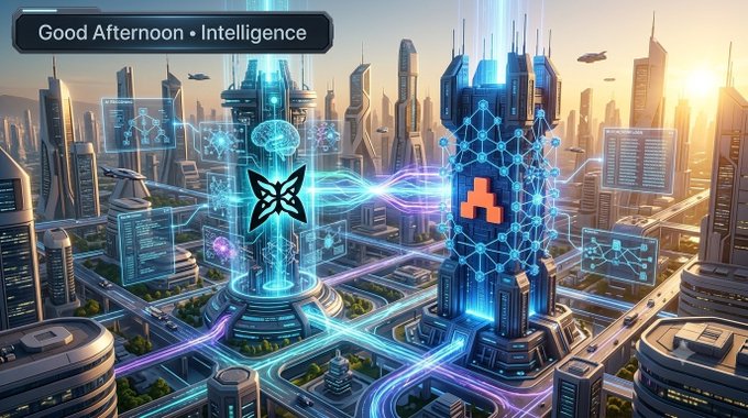 Futuristic cityscape with glowing blue towers, data visualizations, and two central logos (a fox/cat face and an orange puzzle piece), labeled 'Good Afternoon • Intelligence'.