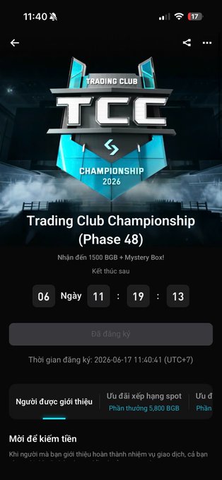 The image shows a trading club competition called "Trading Club Championship" with details, including the stage number (phase 48), dates, and the list of participants. A message on social media platforms encourages fans to share their views about the ongoing contest and the event itself.