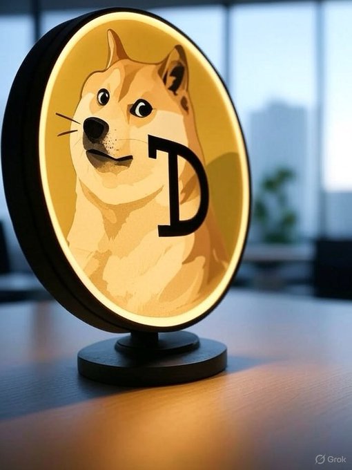 An oval lightbox featuring an illustrated Dogecoin Shiba Inu dog with the letter 'D' sits in front of a window overlooking a city skyline, with a 'Grok' watermark in the corner.