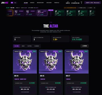 The image shows a marketplace dashboard titled "THE ALTAR" featuring cryptocurrency lot listings, including "ONI #4," "ONI #5," and "ONI #7" displayed as horned mask artwork with current bids of Ξ9.24, Ξ1.05, and Ξ9.26 respectively, alongside a revenue ticker of $14.73 BUSD. This aligns with the post's announcement of ONI's new Brokers experience launching at oni.cash, showcasing the platform's marketplace where collectors can bid on these distinctive horned-mask NFT assets.