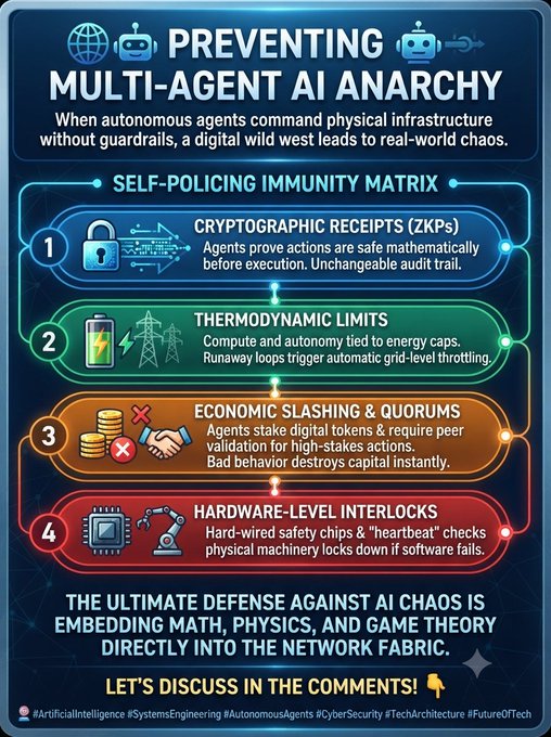 An infographic titled 'PREVENTING MULTI-AGENT AI ANARCHY' outlines a 'SELF-POLICING IMMUNITY MATRIX' with four steps: Cryptographic Receipts (ZKPs), Thermodynamic Limits, Economic Slashing & Quorums, and Hardware-Level Interlocks.