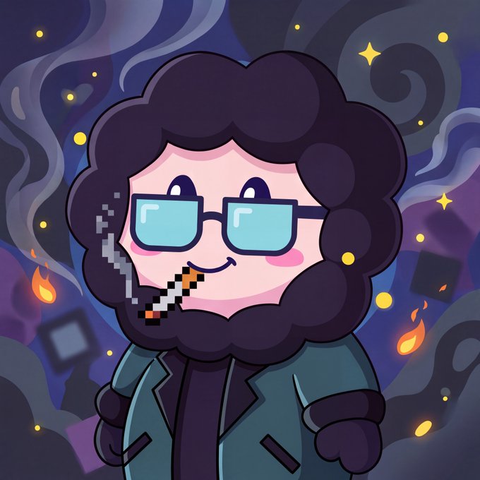 A cute cartoon character with curly dark hair, a beard, and glasses, smoking a pixelated cigarette, set against a dark purple background with flames and floating particles.