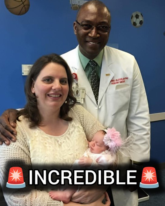 A woman holding a newborn baby with a pink flower headband smiles alongside a man in a white doctor's coat, with an 'INCREDIBLE' alert banner overlaid at the bottom.