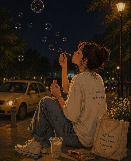 In the image, a woman with brown hair is sitting on a bench at night, blowing bubbles while holding a bookbag next to her. The scene takes place outdoors under street lights, creating an atmosphere of relaxation and leisure. A car can be seen in the background, adding depth to the setting. The post features a quote from someone named @quipnetwork that reads "GN Tomorrow we go again @useTria @TheARCTERMINAL". This quote suggests that the woman is enjoying her time outdoors at night, possibly engaging in activities such as reading and blowing bubbles while appreciating the beauty of the city lights.