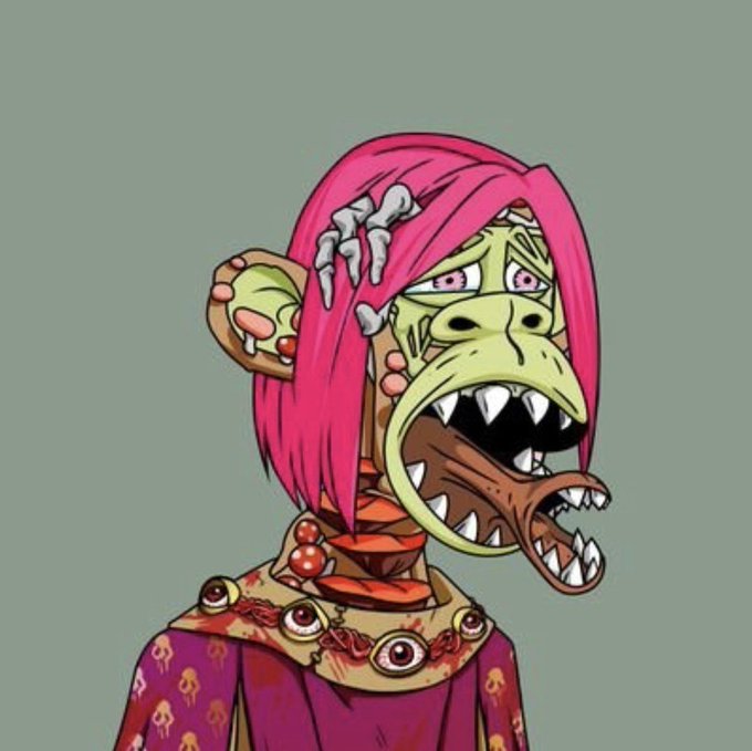 A cartoon illustration of a monstrous female character with pink hair, green skin, sharp teeth, and a wide open mouth, wearing a purple robe adorned with eye symbols.