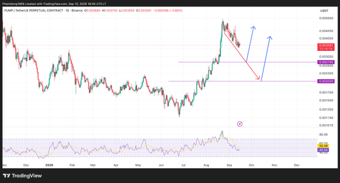 A TradingView chart showing the PUMP/USDT perpetual contract on Binance with candlestick patterns, technical analysis drawings, and price levels on the y-axis ranging from approximately 0.001510 to 0.005500 USDT.