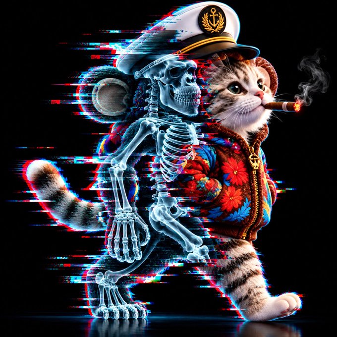 A glitch-effect digital artwork of a cat wearing a sailor hat and floral jacket, smoking a cigar, with a skeleton visible inside its body.
