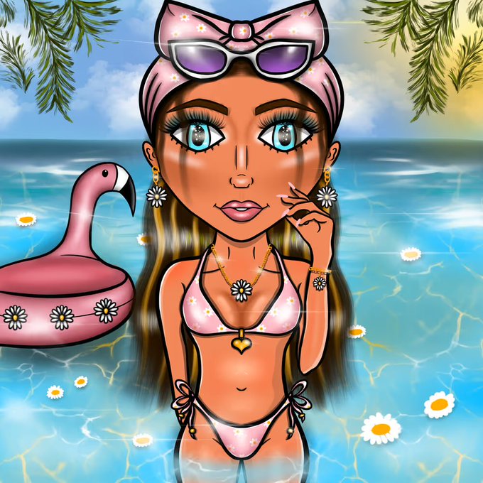 A cartoon illustration of a woman with blue eyes, wearing a pink bikini and sunglasses on her head, floating in a pool next to a pink flamingo float.