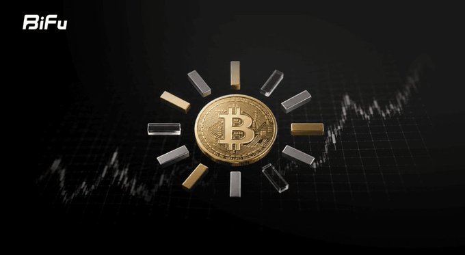 A graphic featuring a golden Bitcoin coin surrounded by metallic bars against a dark background with a stock chart pattern, branded with the 'BiFu' logo in the top left.