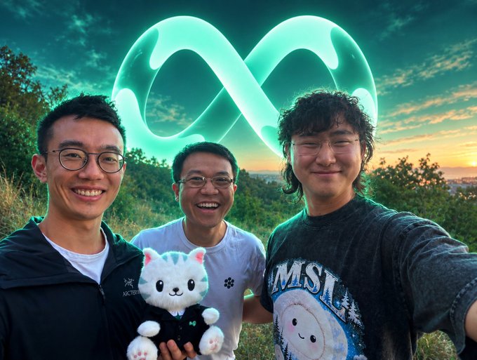 Three Meta employees pose on an outdoor hillside at sunset, with one holding a plush toy, beneath an overlaid neon Meta infinity logo. The image ties to the "$HYPE × $META barbell for the next 5 years" caption by pairing a high-volatility altcoin with Meta as a long-term blue-chip anchor for a balanced portfolio strategy.