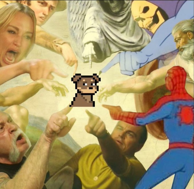 A parody of Michelangelo's "Creation of Adam" with various characters (including Spider-Man, a bearded older man, and others) pointing accusingly at a small pixelated brown bear in the center.