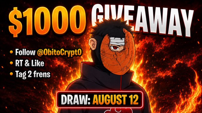 A fiery anime-style character wearing an orange cracked mask and Akatsuki cloak stands against flames, promoting a "$1000 GIVEAWAY" with rules to follow @ObitoCrypt0, RT & Like, and tag 2 friends, with the draw set for August 12.