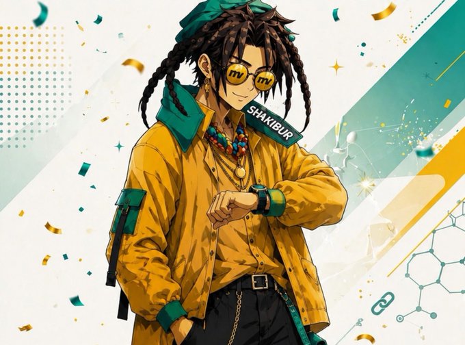An anime-style illustration of a character with dreadlocks, yellow jacket, sunglasses, and colorful accessories labeled 'SHAKIBUR' in a vibrant graphic design style.
