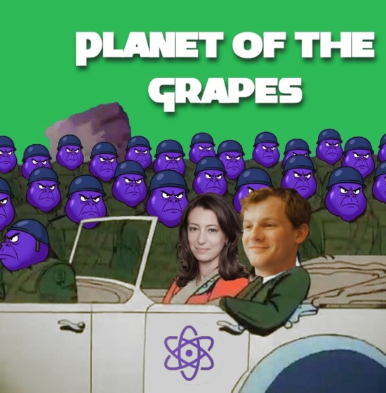 The image features a cartoon depiction of a man and woman driving a car, with purple grapes surrounding them. The caption reads "Planet of the Grapes", which is related to the post about @LOAN_Protocol and @XPRNetwork's neo-banking ecosystem.