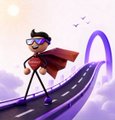 A small illustration showing a cartoon character wearing sunglasses standing behind a telescope on a purple road against a cloudy sky with birds.