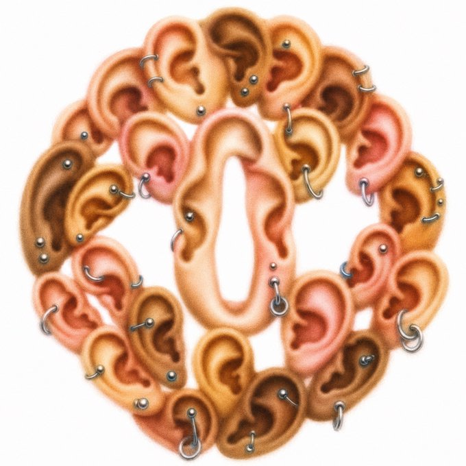 A circular arrangement of human ears with various metallic piercings surrounds a larger central ear against a white background.