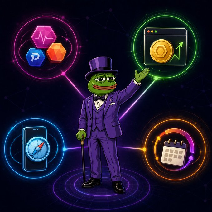 A dapper Pepe frog in a purple suit and top hat stands at the center, gesturing toward four glowing icons representing the PulseChain ecosystem: PulseChain branding, cryptocurrency trading/portfolio tracking, mobile navigation, and scheduling/calendar features. The image visually introduces the key capabilities and features of Pulse Wallet, designed specifically for PulseChain's high-speed, low-cost EVM-compatible network.