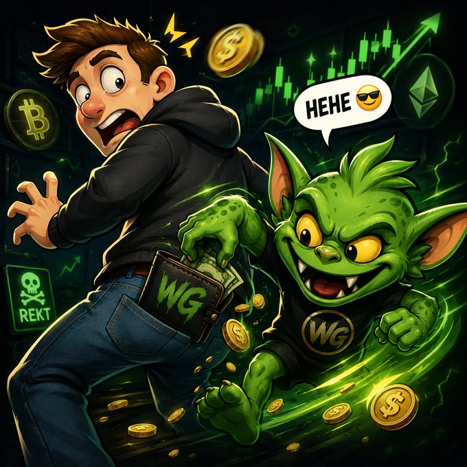 A cartoon depicting a scared young man having his wallet stolen by a grinning green goblin monster wearing a 'WG' shirt, surrounded by crypto symbols (Bitcoin, Ethereum), falling gold coins, and a 'REKT' skull sign.