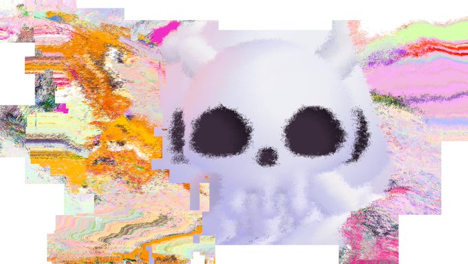 A glitchy, abstract digital image featuring a panda face made of clouds against a chaotic background of distorted colors and digital artifacts.
