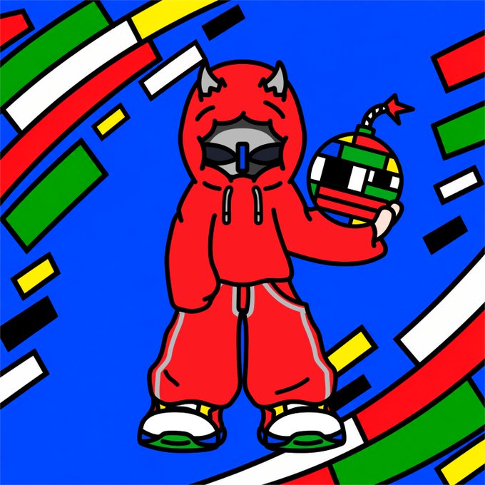 A cartoon character in a red hooded tracksuit with small horns and sunglasses holds a bomb-patterned balloon, set against a blue background with red, green, white, yellow, and black confetti-like shapes.