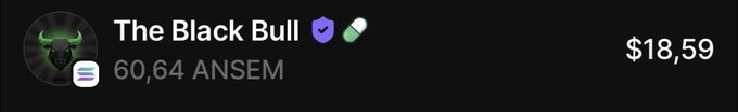 The image shows a Discord-style user profile for "The Black Bull" displaying a balance of 60.64 ANSEM valued at $18.59, supporting the post where the user is gifting their ANSEM tokens to a random recipient.