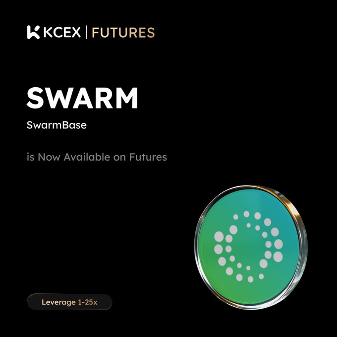 A promotional graphic for KCEX FUTURES announcing that Swarm (SwarmBase) is 'Now Available on Futures', offering 1-25x leverage, alongside a green circular coin logo.