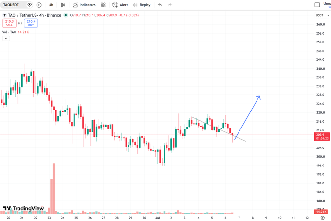 A TradingView 4-hour candlestick chart of TAO/USDT on Binance shows the price pulling back to the $209.4 support level (with a 24-hour low of $14.21% drop) after a recent downtrend, featuring a hand-drawn blue arrow projecting a bullish reversal toward the $225–230 target zone. The chart visualizes the trader's long position thesis, highlighting a potential higher low forming at key support.