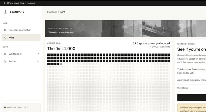 A screenshot of a website with navigation items 'STANDARD,' 'Mint,' 'Protocol Information,' 'Whitepaper,' and 'Twitter,' displaying a 'GENESIS BANK CHARTER' section and a grid showing '125 spots currently allocated of 1,000 possible mints' for 'The first 1,000.'