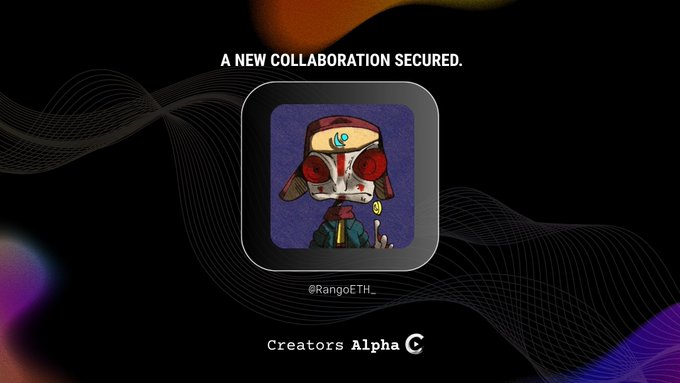 The image features a cartoon character wearing sunglasses and a hat, standing against a black background with orange and purple swirls. The caption below the image reads "Official Partnership: Creators Alpha x @RangoETH_ We are pleased to announce our latest collaboration with Rango".