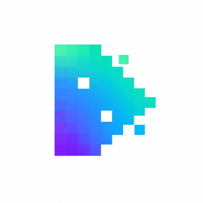 A pixel art illustration of a creature or shape rendered with a vibrant gradient transitioning from green at the top through cyan and blue to purple at the bottom.