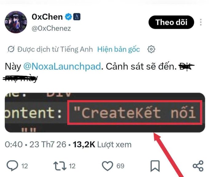 A Vietnamese tweet by 0xChen (@0xChenez) warning about @NoxaLaunchpad, with a screenshot highlighting the string 'CreateKết nối' in code.