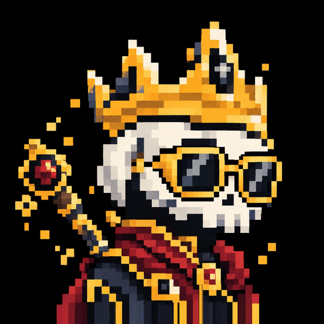 A pixel art illustration of a white, bearded king-like character wearing a gold crown and yellow glasses, holding a golden scepter with a red jewel.