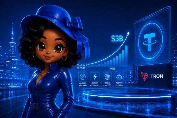 A stylized 3D animated Black woman in a blue leather outfit and matching hat stands in a futuristic neon cityscape beside a glowing holographic display showing a TRON/USDT growth chart peaking at "$3B," with icons highlighting "Gasless Transfers," "Instant Settlements," "Global Adoption," and "Agentic Economy."

The image visually reinforces the post's message by pairing a polished, confident avatar with a dramatic upward chart of gasless USDT transfers on TRON, symbolizing how removing gas fee friction is driving mainstream stablecoin adoption.
