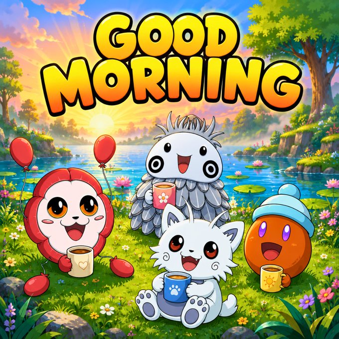 A colorful 'GOOD MORNING' greeting card featuring cute chibi-style characters (a red creature, an owl-like bird, a white fox, and an orange figure) holding coffee mugs in a lakeside meadow at sunrise.