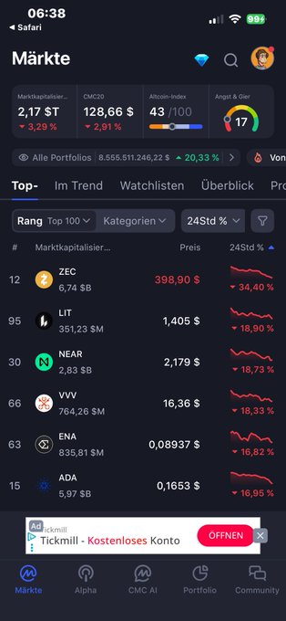 A cell phone display showing information about cryptocurrency markets in Germany with many numbers, charts, and data tables. The screen also features a prominent red link that says "tickers.com" below it, suggesting they are an online platform for stock trading.