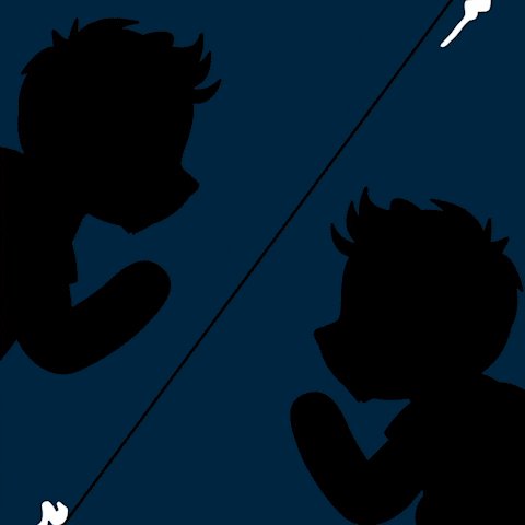 The image features two silhouetted cartoon characters, one on each side of a vertical line that bisects them. They appear to be looking at something off-camera or towards an unseen object. The background color is dark blue, providing a stark contrast to the black outlines of the characters and their reflections in the mirror. In the bottom right corner of the image, there's a small white text that reads "4 hour countdown is live". This suggests that the image might be related to a countdown timer or an event happening at 4 o'clock.