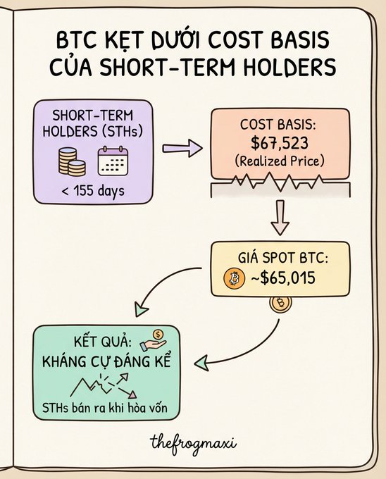 A Vietnamese infographic titled 'BTC KẸT DƯỚI COST BASIS CỦA SHORT-TERM HOLDERS' explaining that Bitcoin's spot price (~$65,015) has fallen below short-term holders' cost basis ($67,523), resulting in significant resistance as STHs sell at break-even.