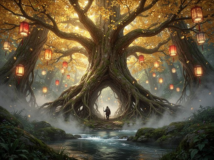 A fantasy illustration depicts a figure standing in the archway of a large ancient tree with glowing red lanterns hanging from its branches over a stream.