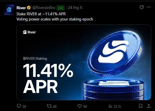 A tweet from 'River @RiverdotInc' promoting RIVER staking at ~11.41% APR, featuring an image of a blue cryptocurrency coin.