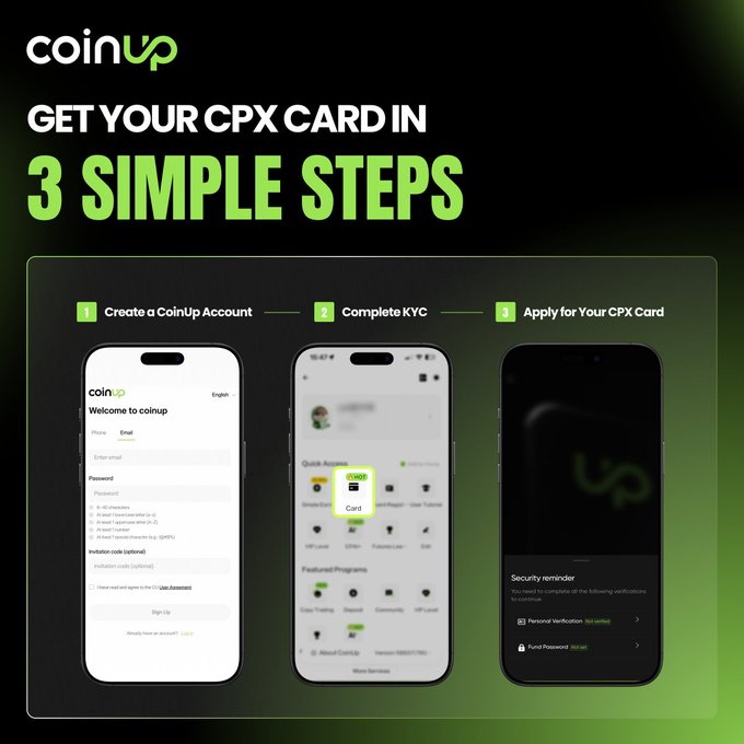 The image is a CoinUp promotional graphic titled "GET YOUR CPX CARD IN 3 SIMPLE STEPS," displaying three phone screens that illustrate the process: (1) Create a CoinUp Account (showing a sign-up page), (2) Complete KYC (showing the app's "Card" section), and (3) Apply for Your CPX Card (showing a security reminder screen). It visually breaks down the streamlined CPX Card application process described in the accompanying post about obtaining a global payment card.