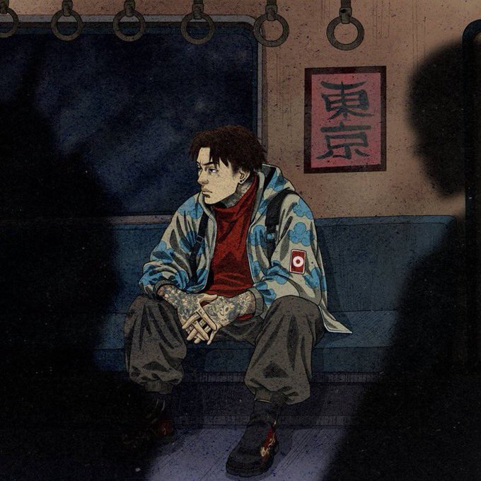 An illustrated scene of a tattooed young man in a blue cloud-patterned jacket sitting alone on a train bench with a '東京' (Tokyo) sign on the wall behind him.