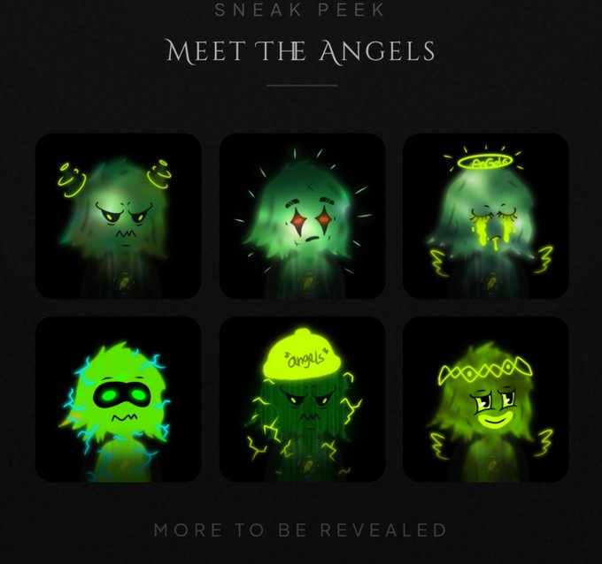 A sneak peek titled "Meet the Angels" showcases six glowing green hooded angel character designs with distinct features like halos, masks, and crowns, captioned "More to Be Revealed." This teases the Hood Angels NFT collection referenced in the post, which highlights a staking-based progression system using $SOUL tokens and a Genesis Angel mint that can be locked in the Sanctuary for varying durations to earn rewards.