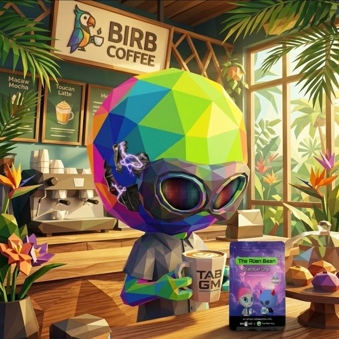 A colorful low-poly digital illustration features an alien character holding a "TAB GM" coffee mug in a tropical-themed "BIRB COFFEE" shop, alongside an NFT card labeled "The Alien Bean."